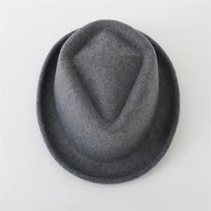 Dark grey woolen fedora hat, classic British style jazz hat with rolled small brim detail.