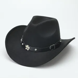 Black felt western cowboy hat with metal flower buckle, wide brim fashion couples hat detail.