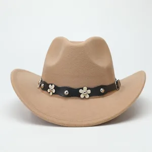 Close-up detail of the wool felt western cowboy hat with a decorative studded flower leather belt.