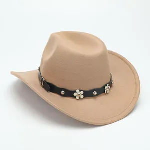 Detailed view of the wool felt western cowboy hat with decorative floral leather band.