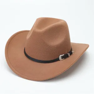 Cappello da cowboy in feltro retro con fibbia, fedora in lana a tesa larga per uomo e donna.