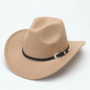 Elegante cappello da cowboy occidentale kaki con cintura nera e fibbia in argento puro.