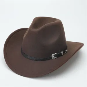 Cappello da cowboy in feltro marrone con fascia in pelle nera e fibbia in argento stile