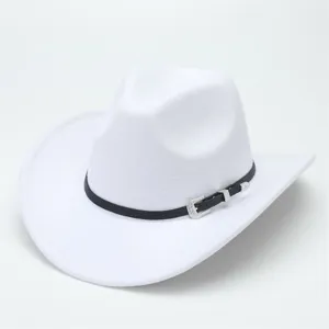 Cappello da cowboy occidentale in feltro bianco con cinturino in pelle nera e fibbia