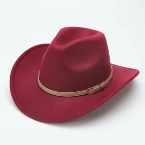 Wine red felt cowboy hat with brown leather belt decoration, classic western fedora style.