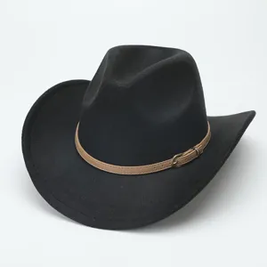 Black woolen western cowboy hat with brown leather belt detail, stylish unisex felt hat.