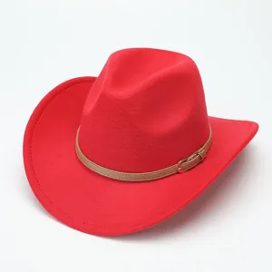 Red wool cowboy hat detail shot featuring brown belt and metal buckle for styling.