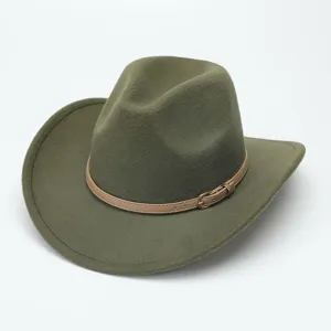 Olive green felt western cowboy hat with brown leather belt strap and metal buckle fashion.