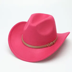 Pink felt cowboy hat with brown leather belt and metal buckle for women and men style.