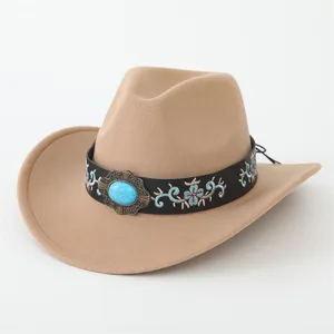 Klassischer Western Cowboy Hut für Damen Herren, Kamel Filzhut mit Türkis Band.