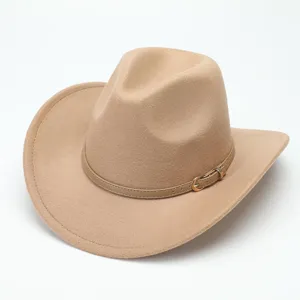 Western Cowboy Fedora Hat For Men Women Polyester Ethnic Style Wide Brim Jazz Hat With Belt Metal Buckle Retro Felt Sun Hat
