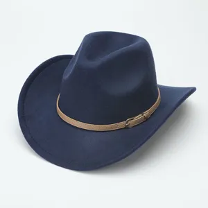 Classic navy blue woolen western cowboy hat with brown belt buckle band, stylish fedora for daily.