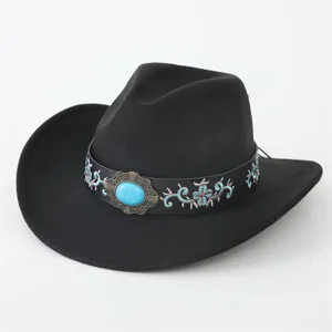 Schwarzer Western-Cowboyhut mit Türkis-Stickerei, stylischer Jazzhut für Urlaub und Reisen.