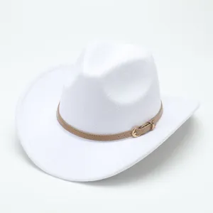White woolen western cowboy hat with tan belt detail and gold buckle for stylish everyday ethnic wear.