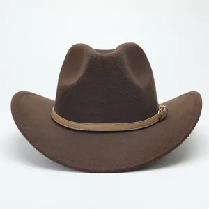 Brown wool felt cowboy hat with thin belt detail, stylish western fedora for men and women.