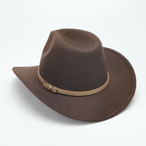 Classic brown wool felt western cowboy hat with a stylish leather belt and buckle detail.