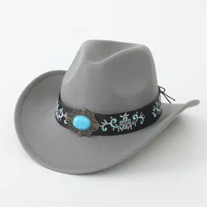 Grauer Filz Western Cowboy Hut mit schwarzem bestickten Band und Türkis Dekor für Reisen.