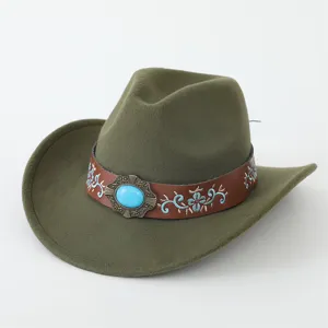 Klassischer grüner Filz Western Cowboy Hut mit ethnisch besticktem Lederband und Türkis Schnalle.