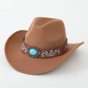 Western Cowboy Hut Ethno Stil Fedora Jazz Hut Türkis Ledergürtel Bedruckt Breitkrempiger Hut Für Reise Urlaub Damen Herren