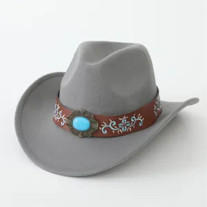 Grauer Western-Cowboyhut Detailansicht, braunes Lederband mit blauer Stickerei und Schmuckstein.