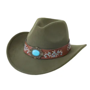 Armeegrüner Filz Western Cowboy Hut mit braunem Lederband, Türkisstein und Stickerei.