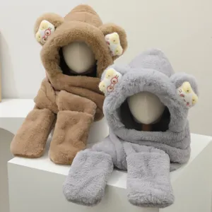 Damen Winter Warm Kunstpelz Trappermütze Schal Handschuhe Set Süßer Cartoon Katzenohren 3-in-1 Kapuzenschal Handschuh Plüsch Thermischer Halswärmer