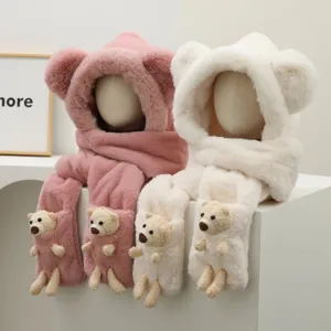 Lindo Conjunto Integrado de Gorro Bufanda Guantes de Peluche de Oso de Dibujos Animados Gorro con Capucha Cortavientos para Mujer Ciclismo Invierno