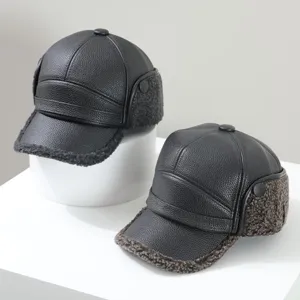 Gorra de béisbol de cuero cálida de invierno con orejeras, forro polar grueso para exteriores.