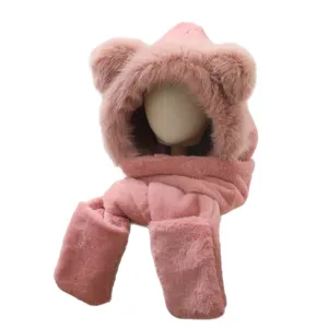 Cute pink bear ear hooded scarf gloves 3-in-1 winter warm thick windproof fleece set