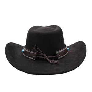 Nahaufnahme des schwarzen Wildleder-Cowboyhuts mit einem braunen Lederdekorband und Perlen.