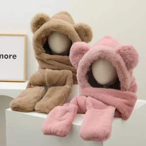 Cute Bear Ears Plush Hooded Scarf Gloves Winter Warm Windproof Thick Neck Warmer Earflap Hat For Women Outdoor Everyday