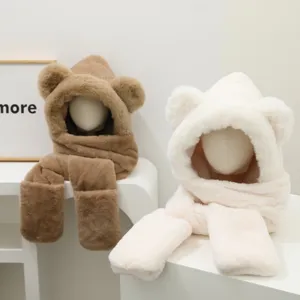 Cute bear ear plush hooded scarf winter warm thick integrated hat and scarf set for women daily