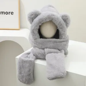 Gray faux fur bear ear hat scarf gloves set, cute winter warm integrated 3-in-1 accessory.