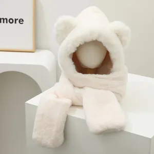 Plush bear ear hooded scarf integrated cute winter warm fuzzy white hat for women style