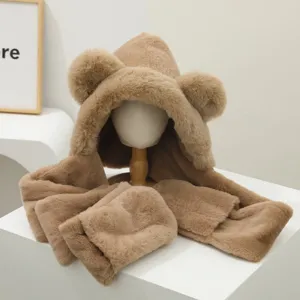 Cute bear ear plush hooded scarf gloves 3-piece set winter warm thick fashion style