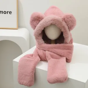 Pink cute bear ear plush hood and integrated warm winter scarf for women fashion.