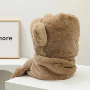 Cute bear ear plush hooded scarf integrated winter warm thick fleece cap for women style.