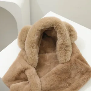 Cute bear ear plush hooded scarf detail, warm winter cozy fashion accessory for women.
