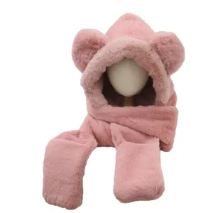 Cute pink bear ear plush hat and scarf integrated winter warm thick fleece windproof set.
