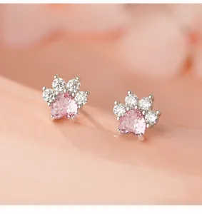 S999 Silber Katzenpfote Zirkon Ohrringe süß rosa Herz Kristall süßer Schmuck Detailansicht