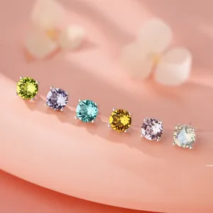 Boucles d'Oreilles Clous en Argent Fin S999 pour Femmes Strass Colorés Rond Géométrique Bijoux Fantaisie