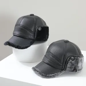 Gorra de béisbol de invierno de cuero cálido con orejeras para hombre, a prueba de viento.