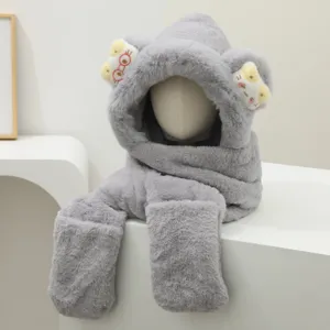 Grauer Plüsch Kapuzen Schal 3in1 Winter warm süße Cartoon Katze Ohren Mütze und Handschuhe