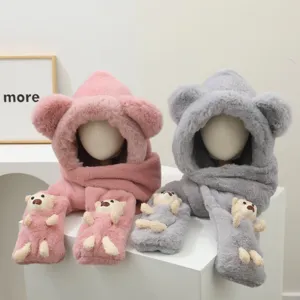 Conjunto de gorro bufanda y guantes osito de peluche mujer, lindo gorro orejeras de invierno.