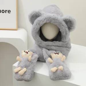 Lindo peluche oso capucha bufanda invierno cálido sombrero guantes integrado grueso