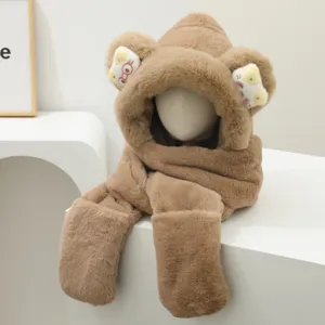 Gemütliches flauschiges Bärenohr Kapuzenschal und Handschuhe Set für Damen und Kinder