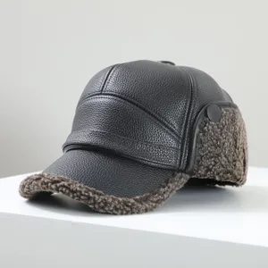 Gorra de Béisbol de Cuero PU para Hombre Gorro de Invierno Cálido Con Orejeras Forrado de Piel Sintética