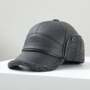 Gorra de béisbol de cuero de invierno cálida con orejeras, forro de felpa gruesa.