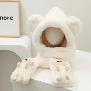 Conjunto bufanda gorro guantes orejas de oso felpa invierno calido tierno blanco tres piezas