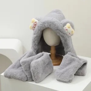 Graues Plüsch 3-in-1 Wintermütze Schal und Handschuhe Set mit süßen Katzenohren.
